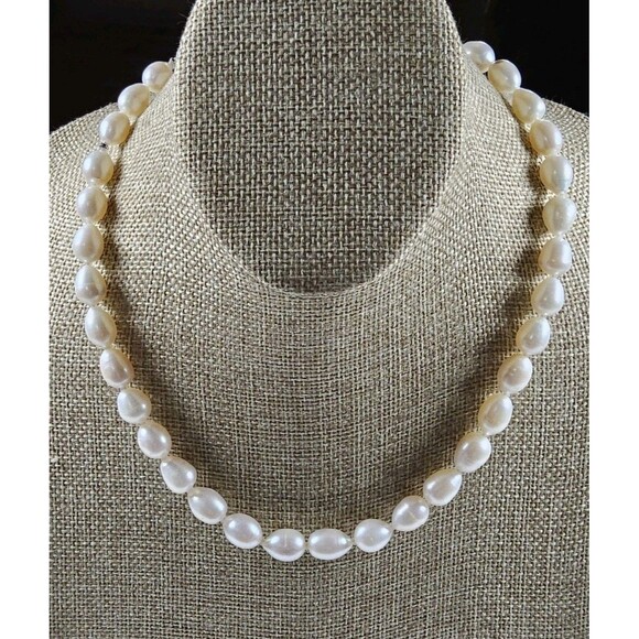 Freshwater Teardrop Oval Pearl Baroque 9mm Sterling Silver Necklace - Picture 1 of 16